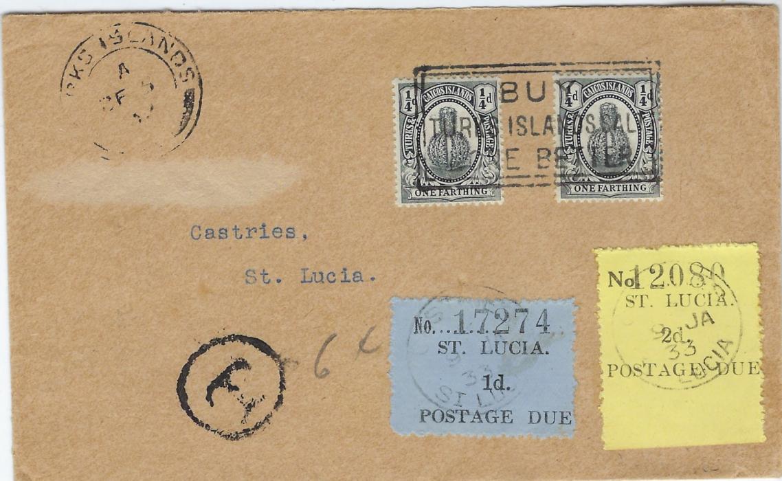 Saint Lucia 1933 incoming cover from Turks & Caicos Islands underfranked with two ¼d., handstamped ‘T’ applied and postage dues 1d. and marginal 2d. applied and cancelled Castries, the 2d. showing typesetting variety wide, wrong font ‘No’ (SG 2b).