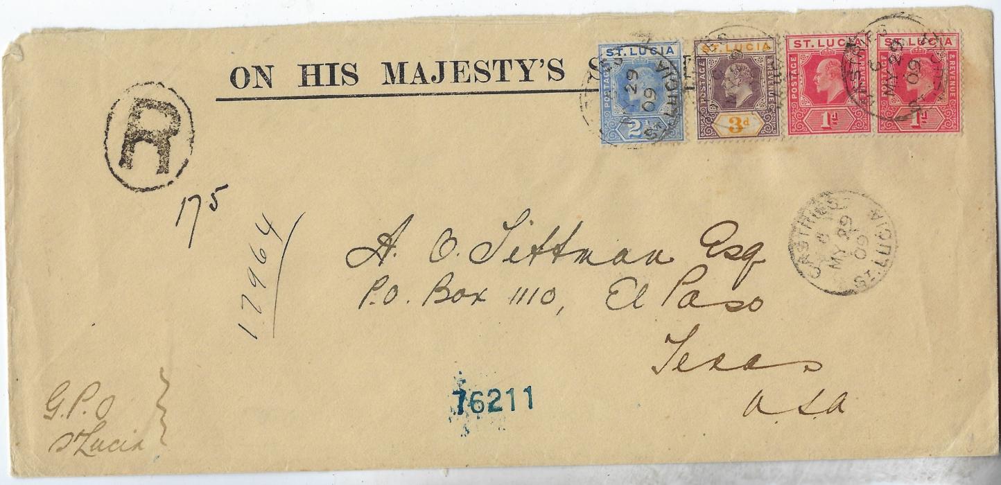 Saint Lucia 1909 OHMS registered cover to Texas franked 1904-10 1d. red (2), 2 ½d. blue and 3d. dull purple and yellow tied Castries cds.