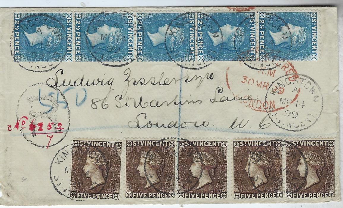Saint Vincent 1899 registered cover to London franked 1897 2 ½d. blue in vertical strip of five and 5d. sepia single and two pairs tied Kingstown cds, Registered London date stamp on front; fine appearance.