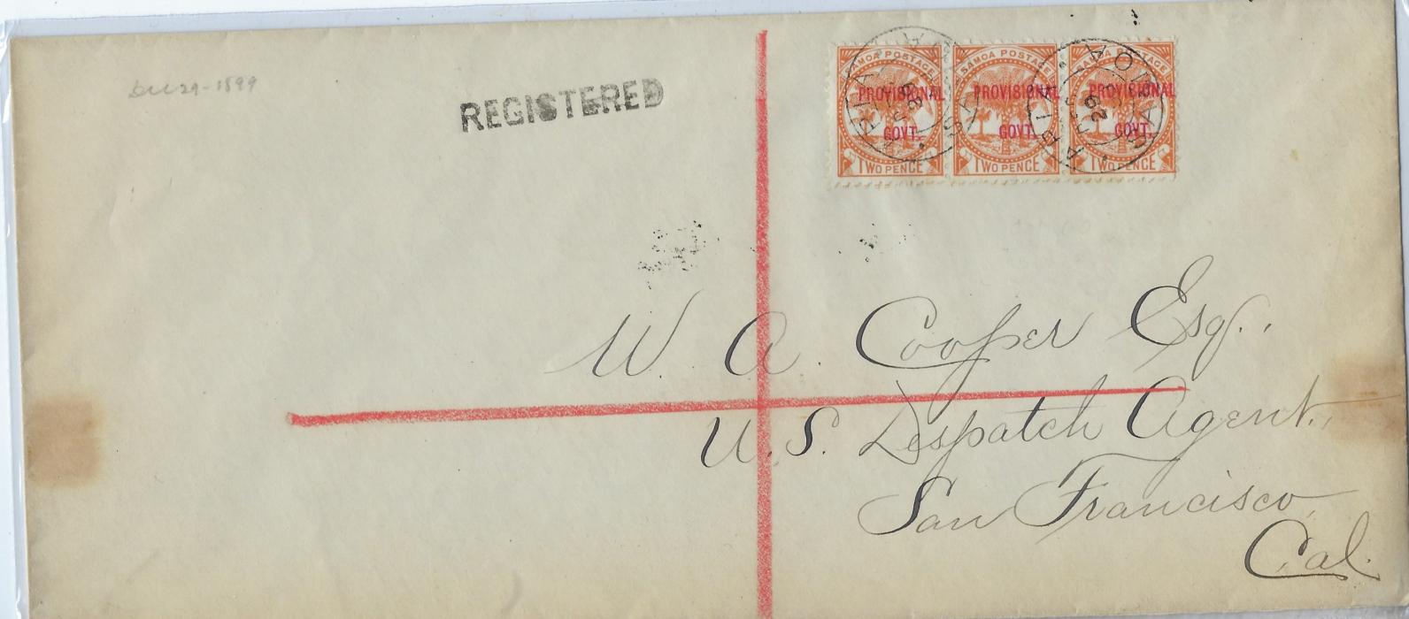 Samoa 1899 (Dec 29) registered cover to san Francisco franked strip of three 2d. ‘Provisional Govt’ tied Apia cds, arrival backstamp; some slight tape staining not unduly detracting. 