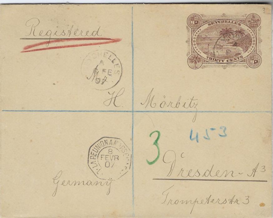 Seychelles 1907 30c postal stationery envelope registered to Germany cancelled with index A cds, La Reunion A Marseille maritime cancel and Dresden arrival backstamp. Good sound condition.