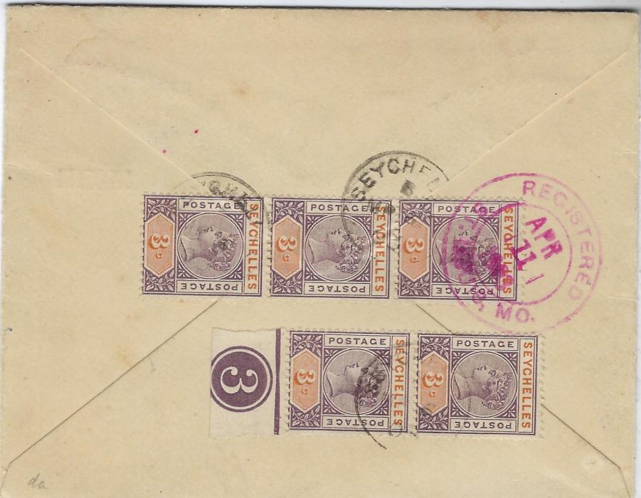 Seychelles 1903 ‘SIX CENTS’ on 8c. stationery envelope sent registered to Eureka Springs, Ark., USA additioanlly franked by 1893 3c. dull purple and orange pair on front and further vertical strio of three and plate number pair on reverse, tied index B cds, St Louis transit backstamp; fine and clean condition.