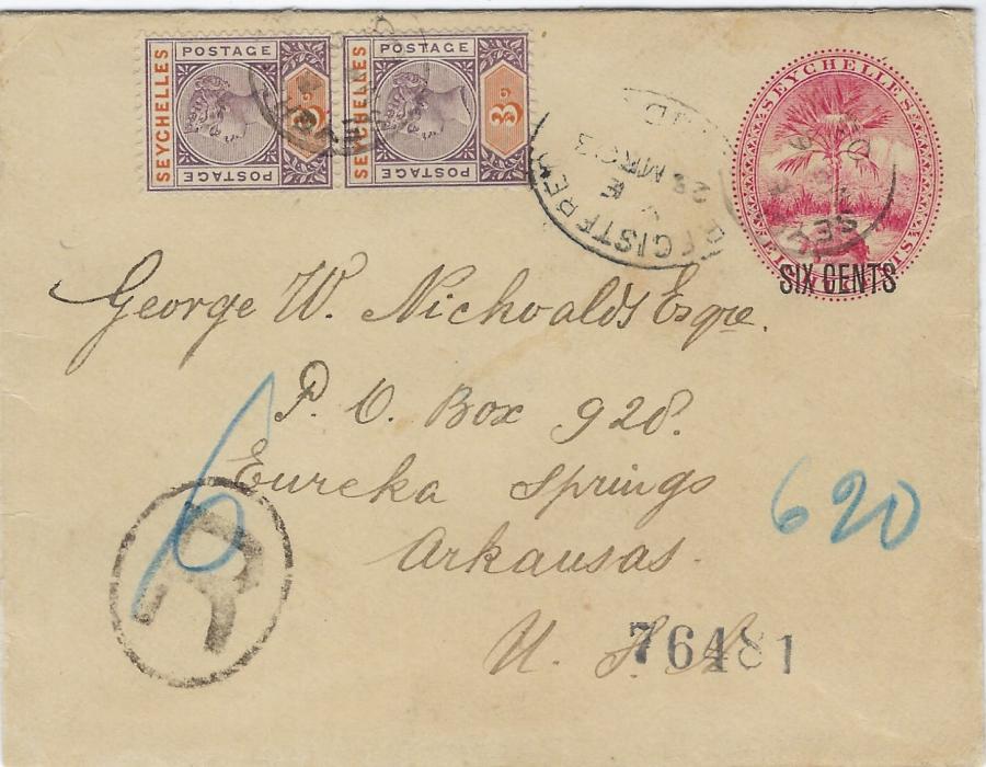 Seychelles 1903 ‘SIX CENTS’ on 8c. stationery envelope sent registered to Eureka Springs, Ark., USA additioanlly franked by 1893 3c. dull purple and orange pair on front and further vertical strio of three and plate number pair on reverse, tied index B cds, St Louis transit backstamp; fine and clean condition.