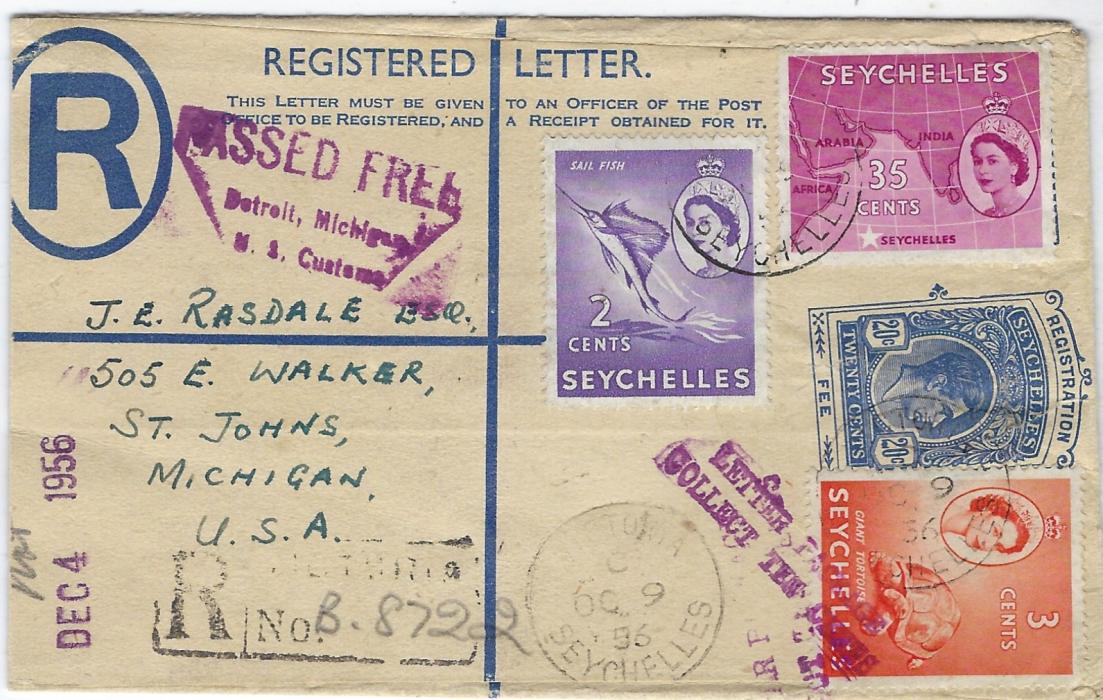 Seychelles 1956 20c KGVI postal stationery registration envelope, size F, to St Johns, Michigan additionally franked 1954 2c. ‘sailfish’, 3c. ‘Giant Tortoise’ and 35c. ‘Map’;  fine condition.