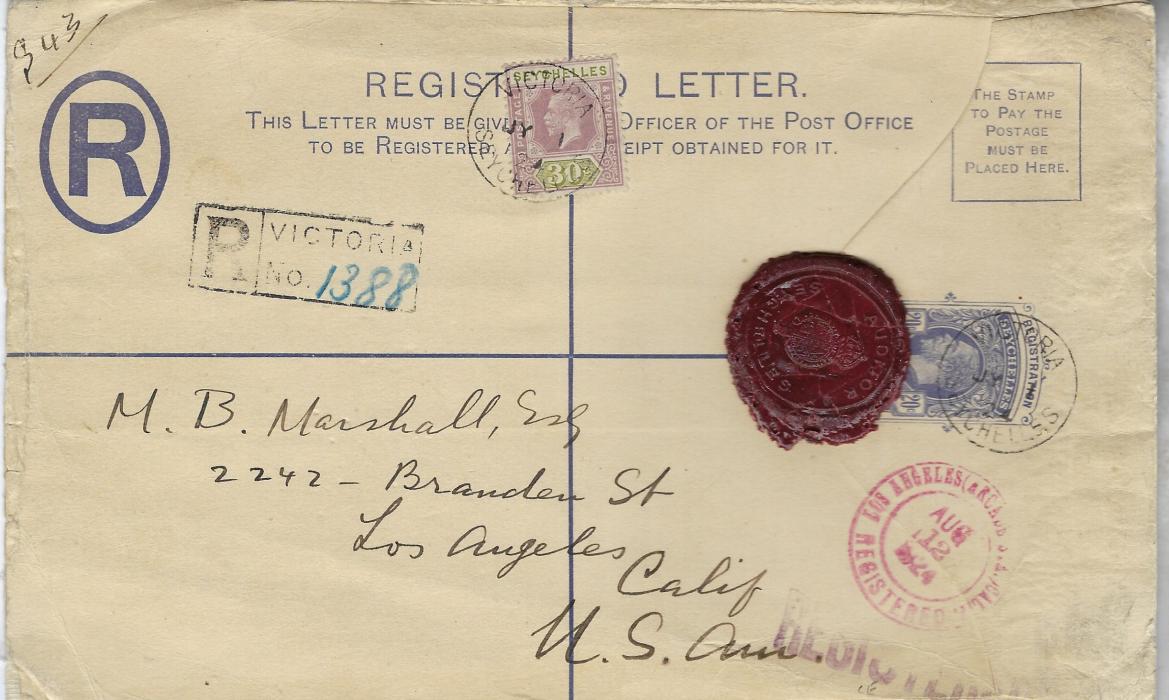 Seychelles 1924 20c KGV postal stationery registration envelope, size H, to Los Angeles additioanlly franked 30c dull purple and olive tied Victoria cds, arrival cancel bottom right, reverse with London and San Francisco transits.