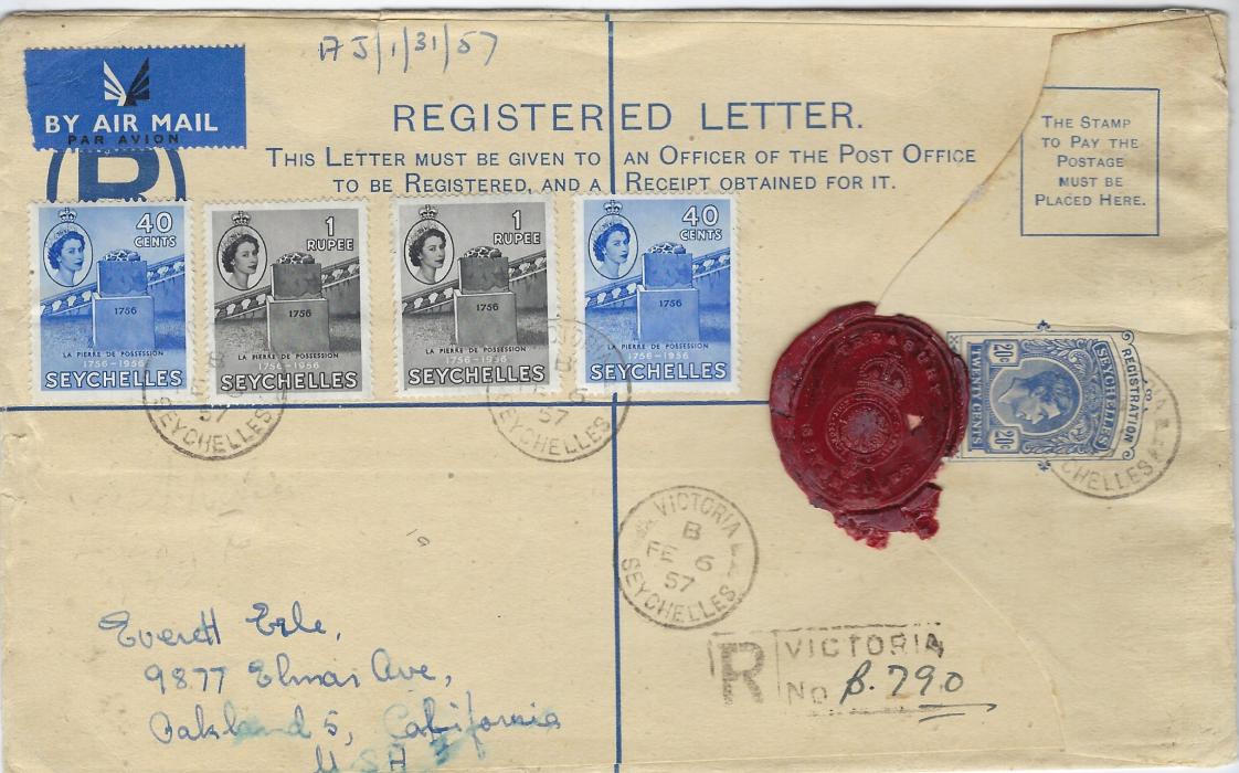 Seychelles 1957 20c KGVI postal stationery registration envelope, size H, to Oakland, California additionally franked two 1956 Bicentenary of La Pierre de Possession 40c. and 1r tied Victoria cds, arrival backstamp.