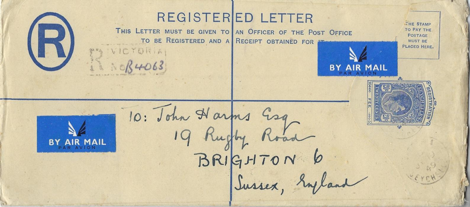 Seychelles 1949 20c KGVI postal stationery registration envelope, size H2, to Brighton lightly cancelled Victoria cds; fine and unfolded airmail usage.
