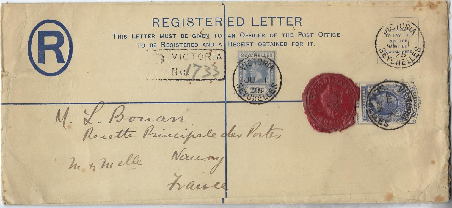 Seychelles 1925 (JU 1) 20c KGV postal stationery registration envelope, size H2, to Nancy, France additionally franked 20c. dull blue tied Victoria cds, fine red wax seal ‘Auditor Seychelles’; some slight toning at right, unfolded.