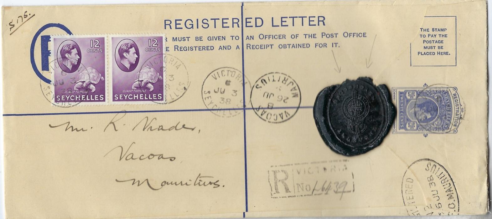 Seychelles 1938 (JU 3) 20c KGVI postal stationery registration envelope, size H2, to Vacoas, Mauritius additionally franked pair 12c. Giant tortoise tied Victoria index c cds, central arrival cds, large part fine black wax seal of Treasury; fine and unfolded.