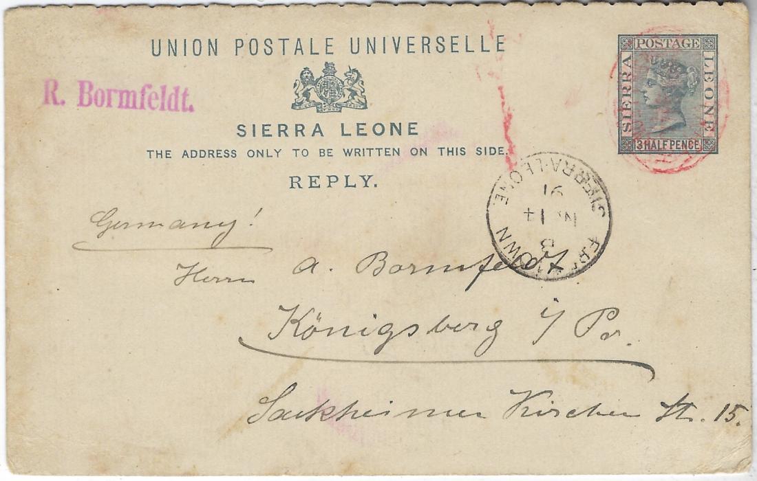 Sierra Leone 1891 3 Halfpence stationery card to Konigsberg cancelled by Post Office Manoh Salijah Sierra Leone date stamp, Freetown transit below, with full message.