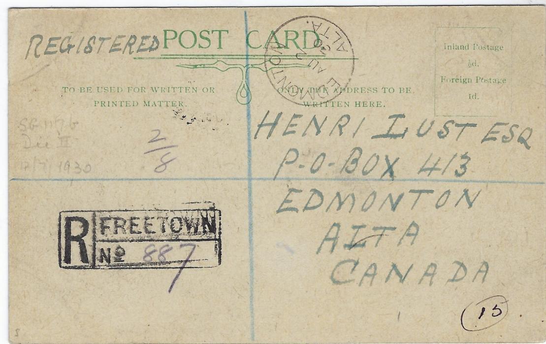 Sierra Leone 1930 registered picture postcard of ‘Law Courts, Freetown’ to Edmonton, Canada franked two 4d. on front tied oval registered date stamps, registration handstamp on reverse together with arrival cds.