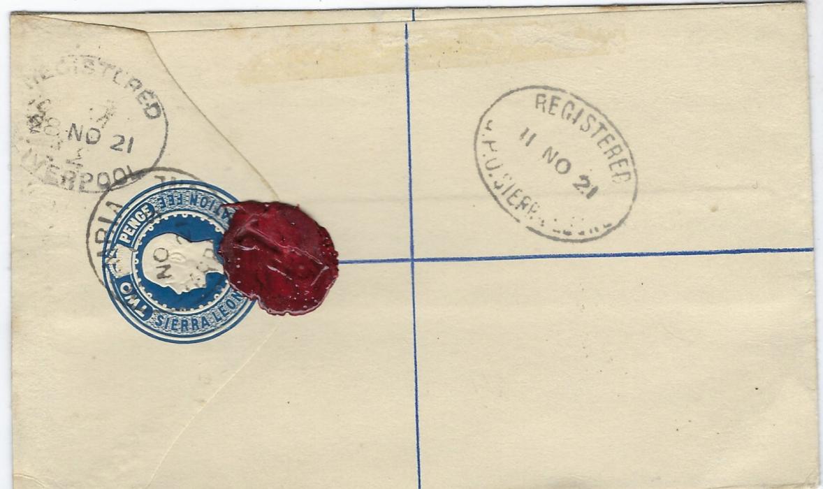 Sierra Leone  1921 (NO 5) 2d. postal stationery registration envelope, size F to Huddersfield additionally franked 2d. greyish-slate tied by fine Kambia cds, adjacent registration handstamp with Kambia and number added by hand, further despatch cds on reverse tying stamp image. A rare cancel.