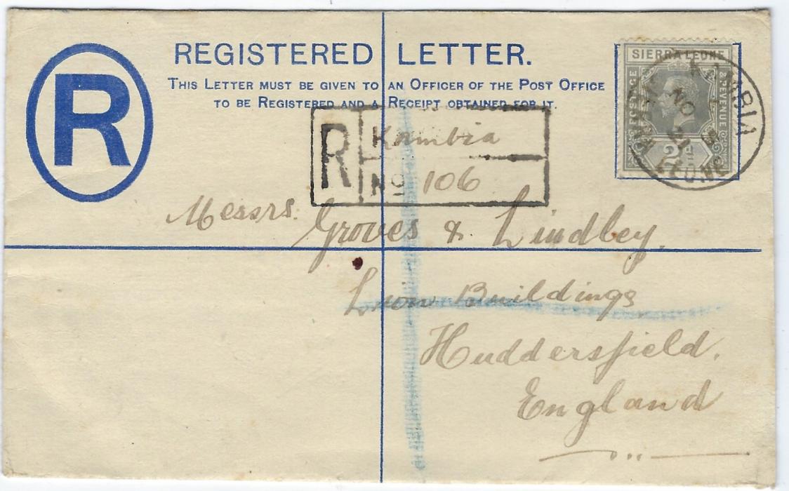 Sierra Leone  1921 (NO 5) 2d. postal stationery registration envelope, size F to Huddersfield additionally franked 2d. greyish-slate tied by fine Kambia cds, adjacent registration handstamp with Kambia and number added by hand, further despatch cds on reverse tying stamp image. A rare cancel.