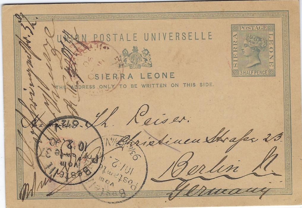 Sierra Leone 1890 (NO 10) 3 Halfpenny stationery card written from Cape Mount, Liberia but posted across the border at Sulijah whose unclear red cancel ties the stamp image, Freetown transit at left and Berlin arrivals of 10/12. Fine cross border card, using the faster mail service.