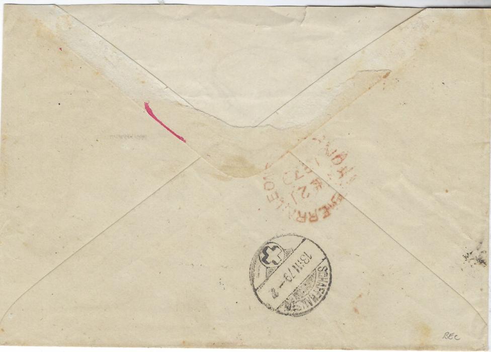 Sierra Leone 1879 (FE 21) cover to Schaffhausen, Switzerland franked 1876 perf 14 3d. buff pair tied unclear obliterators, Liverpool transit below, reverse with despatch and arrival cancels; envelope cut down at top with backflap missing, opened out for display.