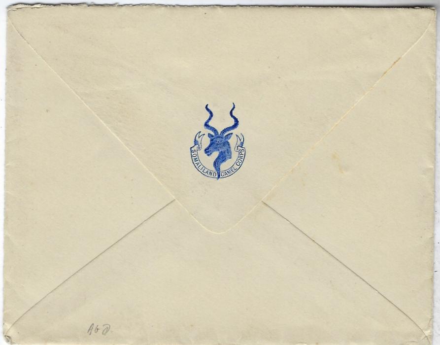 Somaliland Protectorate 1938 cover to London franked 2a. tied Bur... date stamp (probably Burco). The envelope with embossed logo of Somaliland Camel Corps on back. With letter headed the same and embossed logo at left. Very fine condition.