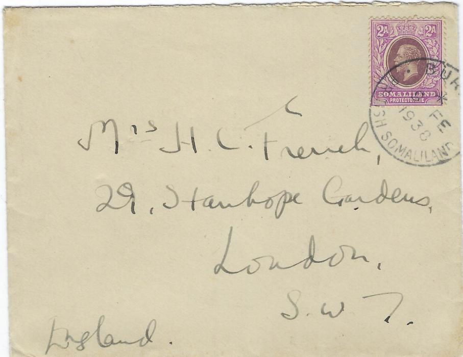 Somaliland Protectorate 1938 cover to London franked 2a. tied Bur... date stamp (probably Burco). The envelope with embossed logo of Somaliland Camel Corps on back. With letter headed the same and embossed logo at left. Very fine condition.