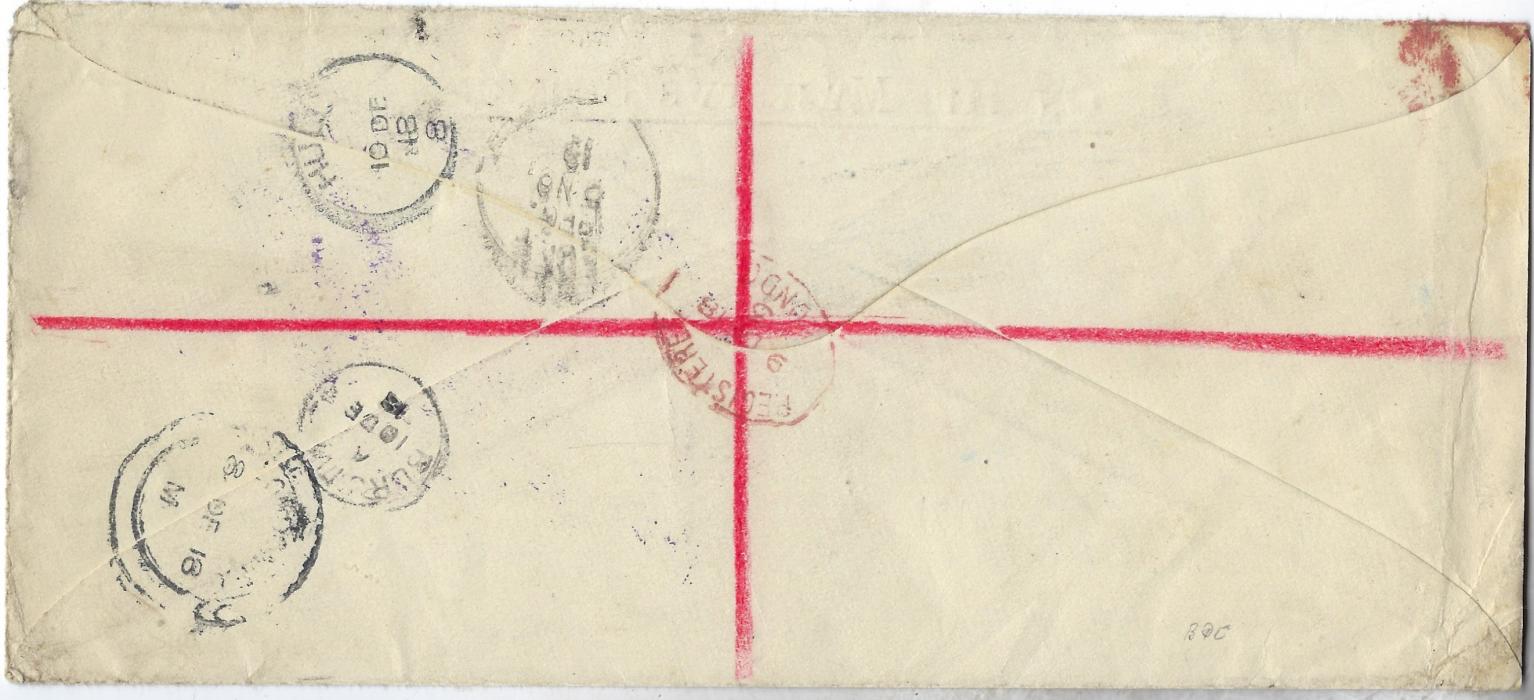Somaliland Protectorate 1918 OHMS registered cover to Hull bearing single franking 6a tied Berbera cds with registration handstamp alongside, at left blue manuscript REGISTERED and number of Indian Sea Post, large Aden censorship cachet, reverse with Aden transit and various British cancels; good condition.