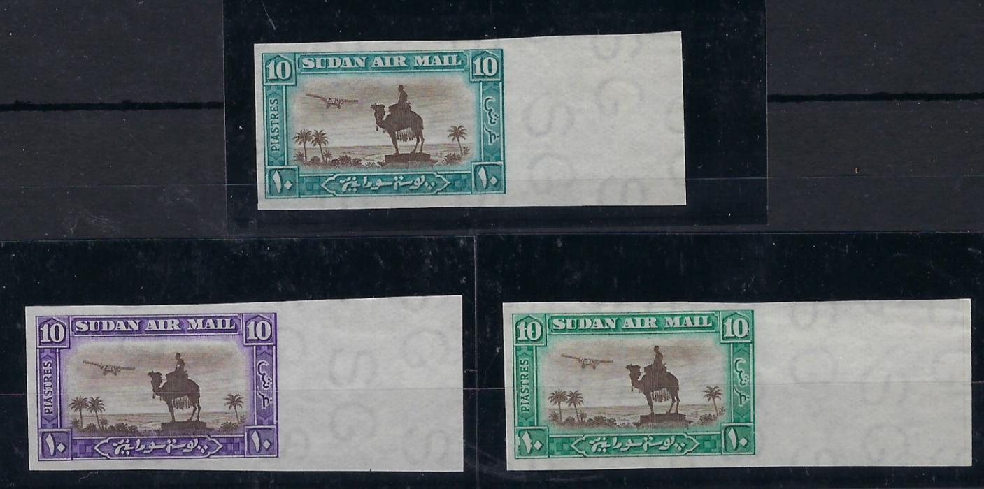Sudan 1931-37 three 10p. ‘Statue of General Gordon’ airmails imperf colour trials on S G watermarked paper without gum; fine and scarce.