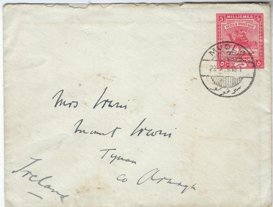 Sudan 1915 5m ‘Arab Postman’ postal stationery envelope to Tynan, Co. Armagh, Ireland cancelled by good strike of Myolo cds, reverse with Khartoum transit and Tynan R.S.O. cds. Enclosed is lengthy two page letter written by a senior officer at Yambio. A fine, very scarce item without any censorship.