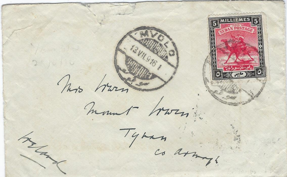 Sudan 1916 5m ‘Arab Postman’ cover to Tynan, Co. Armagh, Ireland cancelled Myolo cds with a clear strike alongside, reverse with Khartoum transit and Tynan R.S.O. cds. Enclosed is lengthy two page letter written by a senior officer at Yambio. A fine, very scarce item without any censorship.