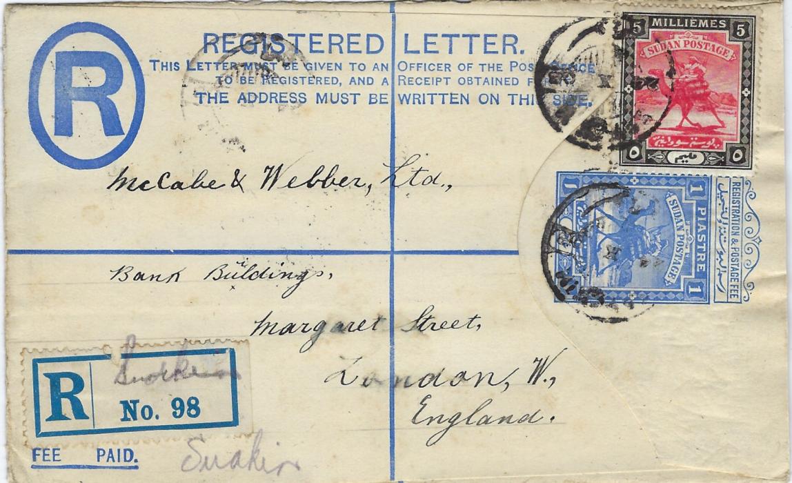 Sudan 1908 1pi. Size g postal stationery registration envelope uprated 5m. to London with unclear Suakim cds, manuscript filled registration label , reverse Port Said transit and arrival.