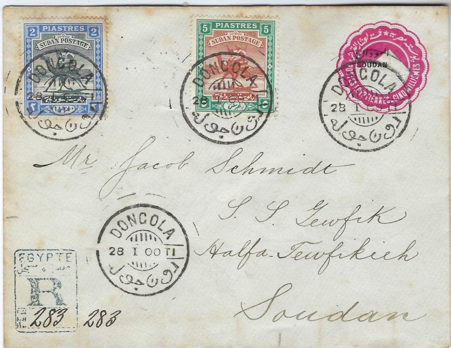 Sudan 1900 5m postal stationery envelope to S.S. Tewfik, Halfa-Tewfikieh uprated with 2p. and 5p. tied Dongola cds, Egypte registration handstamp bottom left, reverse with Wadi Halfa S.P.S. transit and arrival cds; some slight toning, good quality cancels.