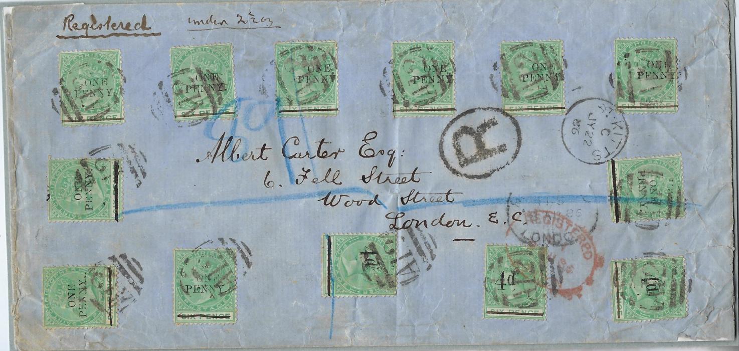 Saint Kitts-Nevis 1886 (JY 22) registred cover to London franked One Penny on 6d. (10) and 4d on 6d. (4) each tied by A21 obliterator, St Kitts cds and framed R, London registered date stamps also on front. This 1/10d. pays the registered overseas rate for under 2.5 oz. Possibly largest known usage with these stamps; some slight faults as usual with a larger cover.