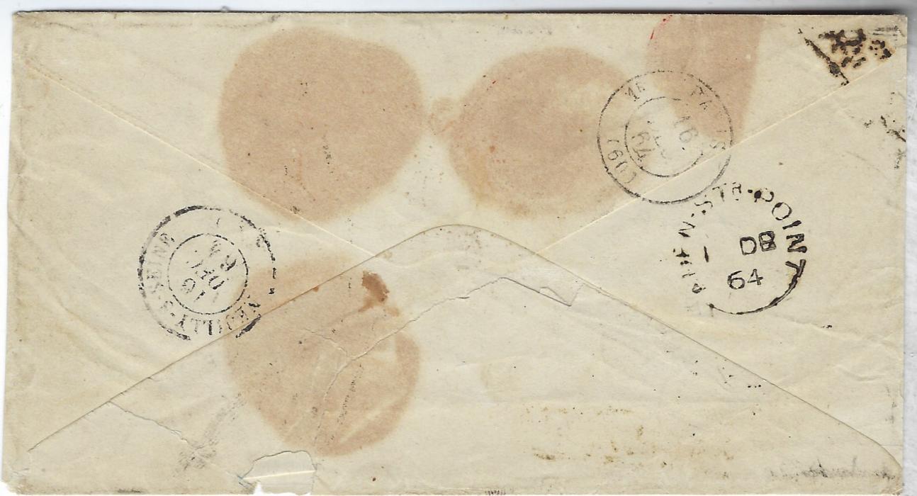 Seychelles (French Postal Agency) 1864 (Dec) cover to Mme Cordier in Paris with enclosed eight page letter headed Mahe and franked with Mauritius 4d. and 1s., but carried privately to another port (presumably Bombay)where the stamps were not accepted, handstruck ‘18’ decimes and forwarded as an unpaid letter via Aden Steamer Point. Faint red Poss An V Suez Paq F dated 15 Dec, indicating origination in a British colony. A fine item of postal history.