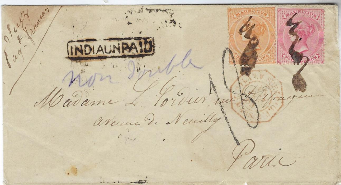 Seychelles (French Postal Agency) 1864 (Dec) cover to Mme Cordier in Paris with enclosed eight page letter headed Mahe and franked with Mauritius 4d. and 1s., but carried privately to another port (presumably Bombay)where the stamps were not accepted, handstruck ‘18’ decimes and forwarded as an unpaid letter via Aden Steamer Point. Faint red Poss An V Suez Paq F dated 15 Dec, indicating origination in a British colony. A fine item of postal history.