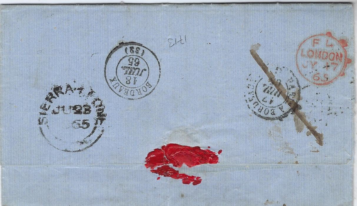 Sierra Leone (Iles De Los – French Guinea) 1865 entire to Bordeaux endorsed “voie anglaise” and sent via Sierra Leone (cancel on reverse) with “1” manuscript for 1d. due to colony, via London where accountancy handstamp applied, French charge ‘10’ decimes and internal cancels on reverse; horizontal filing crease. Ex Sacher.