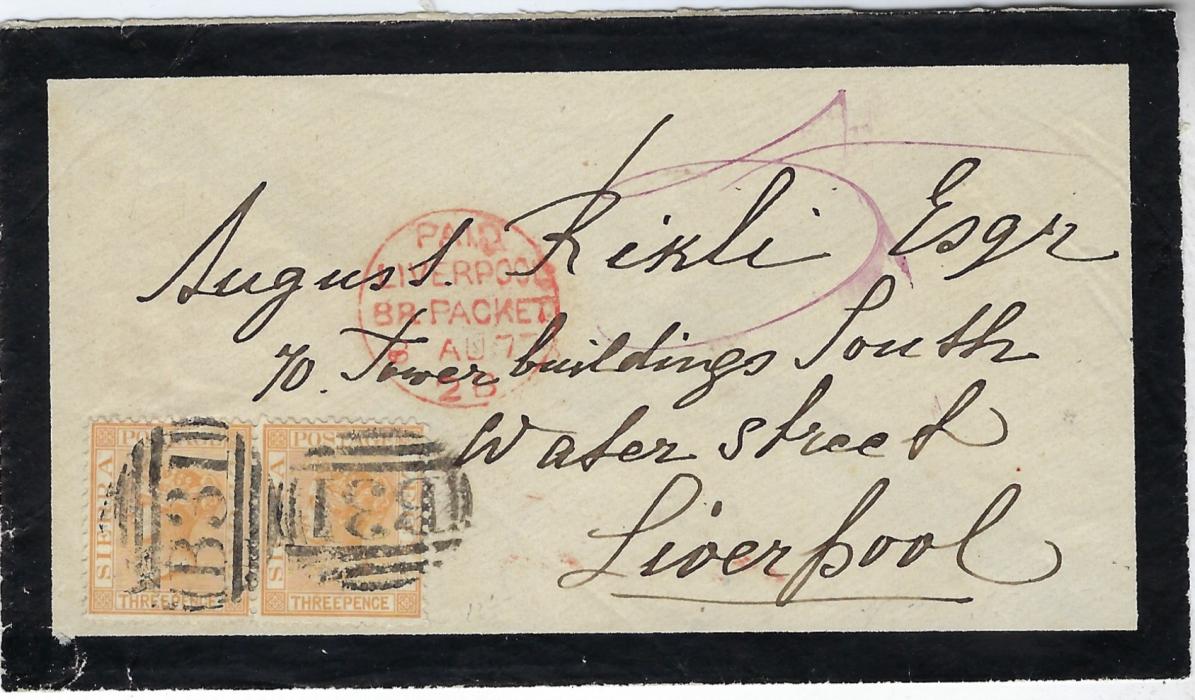 Sierra Leone 1877 (JY 21) mourning cover to Liverpool franked pair 3d. saffron-yellow, Wmk Crown CC, perf 12.5 tied ‘B31’ obliterators, reverse with Paid At Sierra Leone date stamp on reverse, Liverpool entry cancel of 8 Au; very fine, Ex. Sacher.