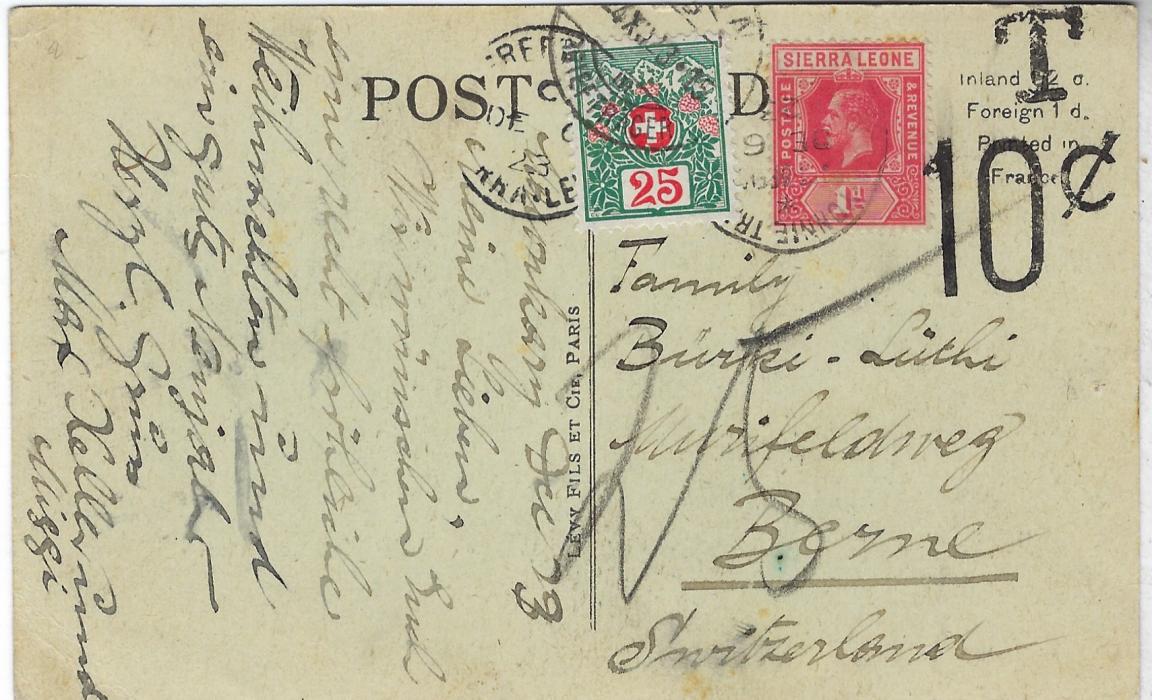 Sierra Leone 1923 picture postcard to Berne, Switzerland undefranked with 1d. tied Freetown cds, to right handstamped ‘T’ and ‘10c’, manuscript “25” and Postage Due duly applied; fine and scarce outgoing handstamp.