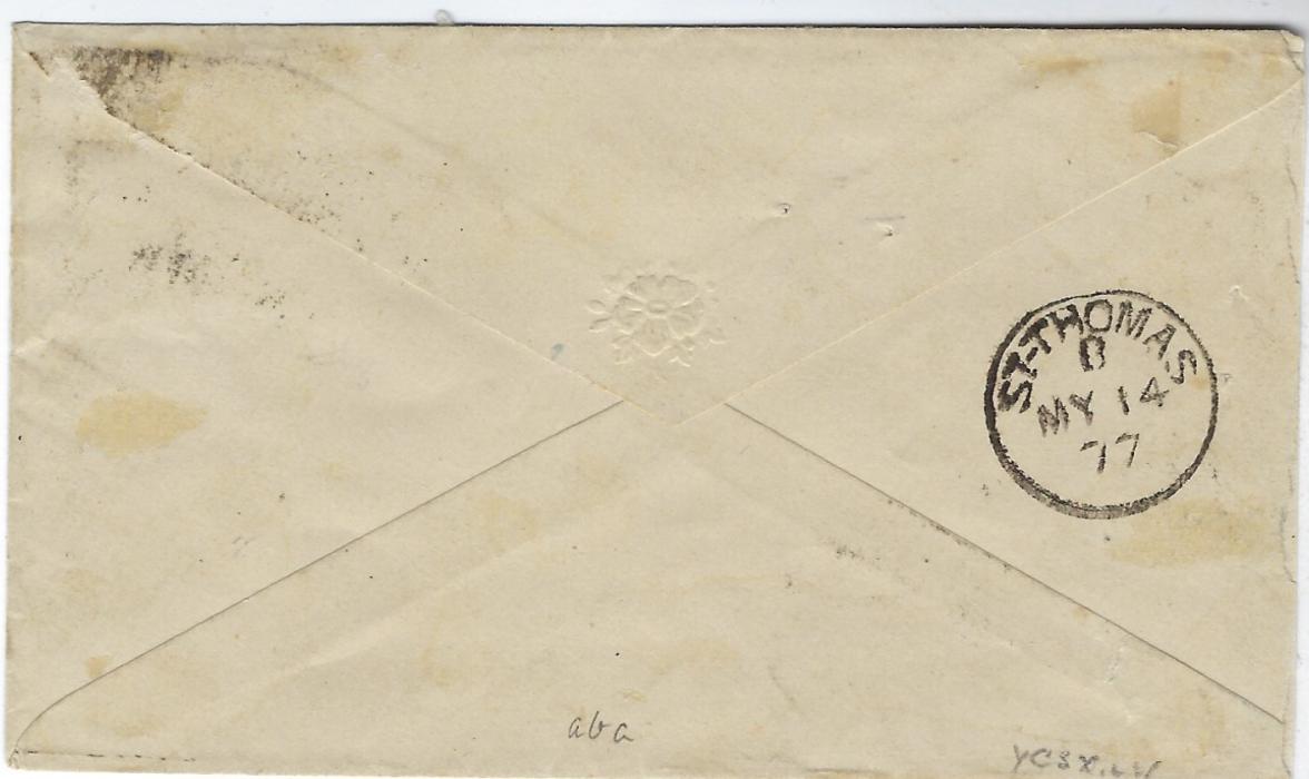 Saint Kitts-Nevis 1877 (MY 12) cover to New York franked 1867-76 4d. orange (SG 11) tied by ‘A09’ obliterators with Nevis cds in association at left, New York Dur 5 Cts date stamp alongside stamp, reverse with transit cds of St Thomas of MY 14; fine and attractive.