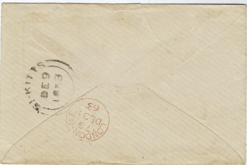 Saint Kitts-Nevis 1863 (DE 9) cover to London bearing fine example of the undated St. Kitts Paid cancel, London Paid small cds at right, double arc St Kitts datestamp on reverse together with London cds. Fine and clean condition.