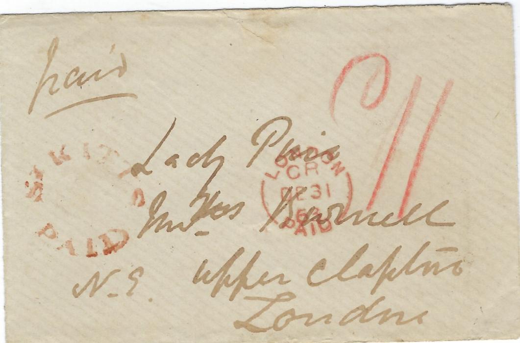 Saint Kitts-Nevis 1863 (DE 9) cover to London bearing fine example of the undated St. Kitts Paid cancel, London Paid small cds at right, double arc St Kitts datestamp on reverse together with London cds. Fine and clean condition.