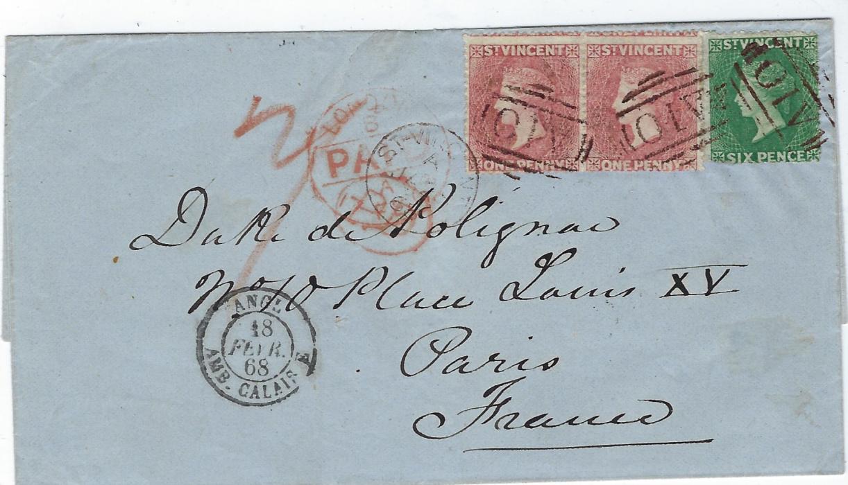 Saint Vincent 1868 (JA 28) outer letter sheet to Paris, France, franked 1863-68 no watermark, perf 11 -12.5 1d. rose-red pair and 1862 rough perf 14-16 6d. deep green tied by three fine A10 obliterators, black St vincent tying one 1d., red crayon 