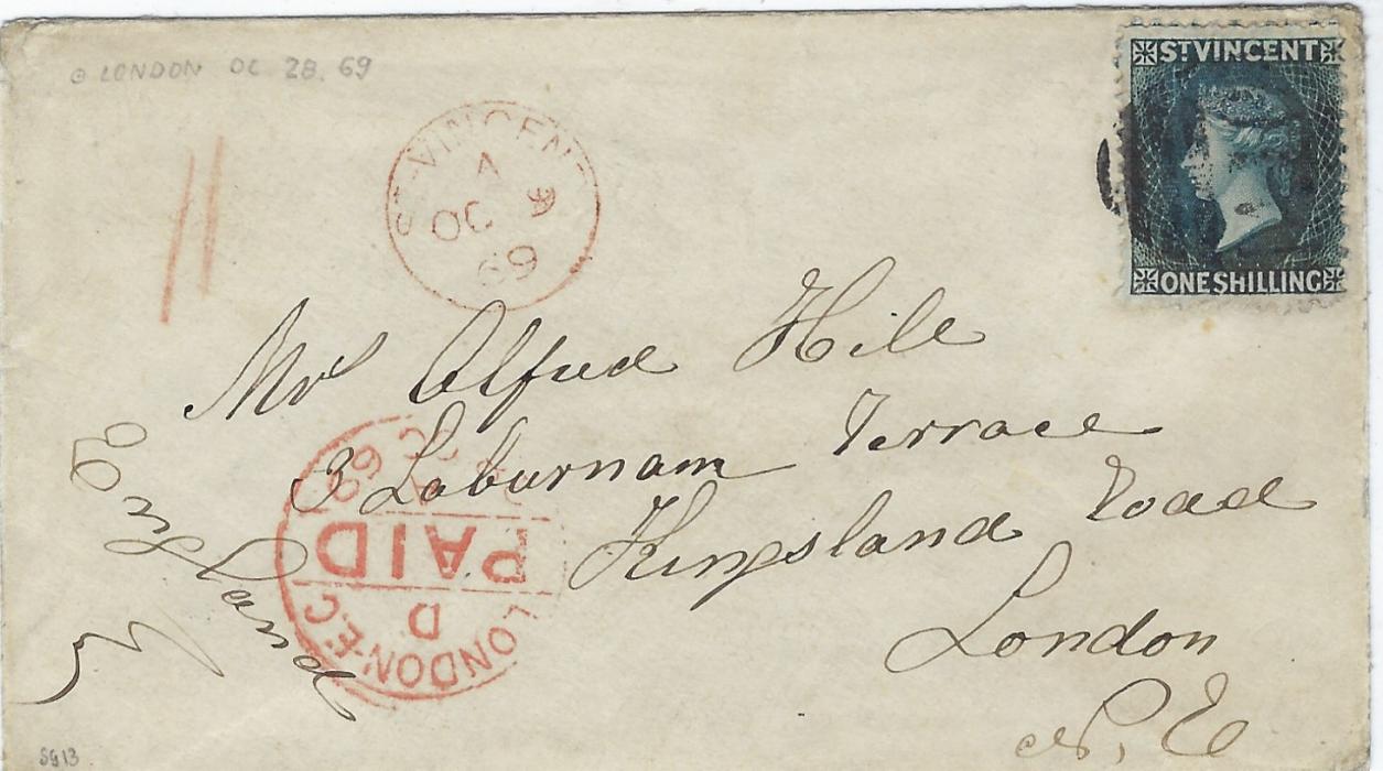 Saint Vincent 1869 (OC 9) cover to London  bearing single franking 1s. indigo (SG 13) tied ‘A10’ obliterator, St Vincent cds in association at left, London Paid below. Peter Holcombe Cert who states stamp has been lifted and envelope cleaned. Ex Gilbert Lodge.