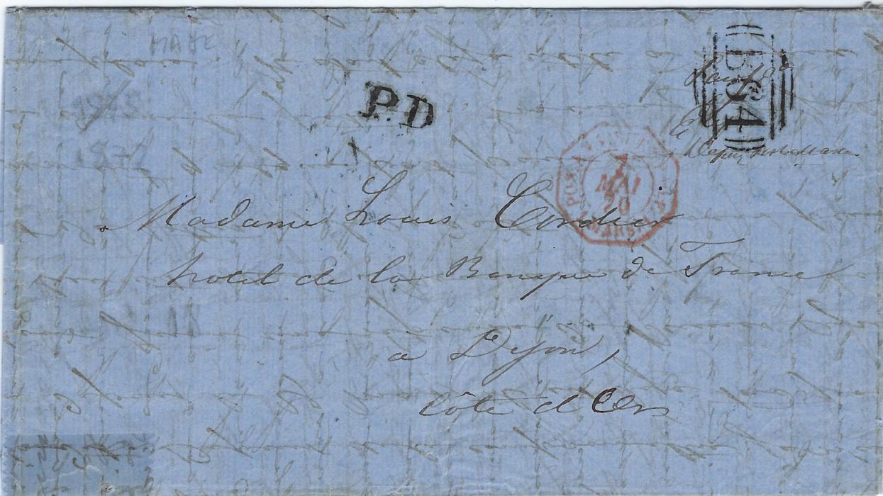 Seychelles 1870 (Apr 13) entire from Mahe to Dijon, France paid in cash with the manuscript “paid” underneath ‘B64’ obliterator, unframed P.D to left and red French maritime, reverse with Seychelles cds,  Marseille A Apris transit and arrival cds, sellotape strengthening bottom left corner. Thought to be a unique stampless item with the B64 cancel.