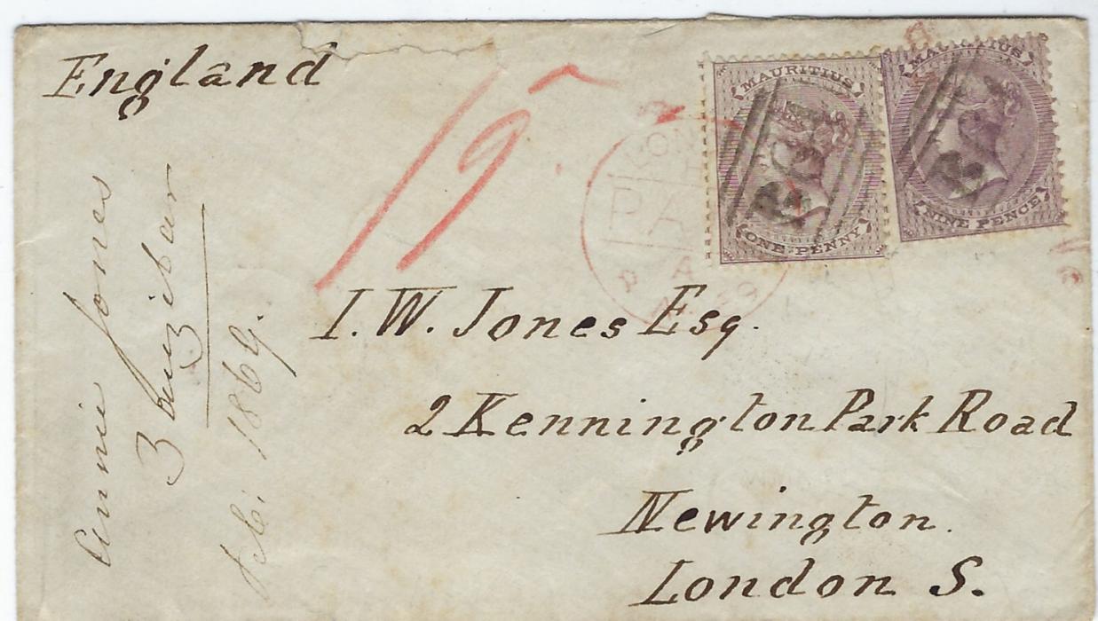 Seychelles (Mauritius Used in) 1869 cover to London franked Mauritius 1863-72 1d. purple-brown and 1860-63 9d. dull purple each cancelled by good strike of ‘B64’ obliterator, the 1d. additionally by London arrival, reverse with Seychelles index a cds and arrival cds; slightly roughly opened at top not detracting from a fine and rare franking cover. BPA Certificate 1977
