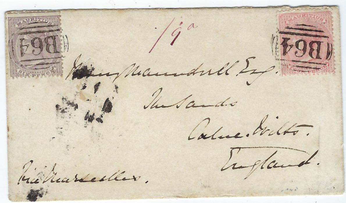 Seychelles (Mauritius Used in) 1864 (OC 22) cover to Calne, Wiltshire endorsed “via Marseilles” at base so paying the 10d. rate with 1863-73 4d. rose and 6d. dull violet (SG Z20 and Z21) each cancelled by very good strikes of ‘B64’ obliterators, Seychelles backstamp and arrival cds; fine and extremely rare. BPA Certificate 2012.