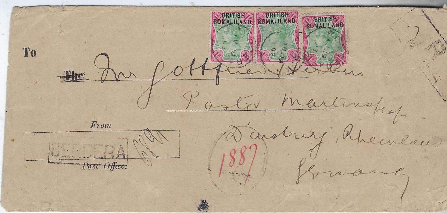 Somaliland Protectorate 1903 registered cover to Duisburg, Germany franked by three ‘British Somaliland’ overprints on India 1r green and aniline carmine each tied by Berbera cds, registration handstamp at right and further framed BERBERA handstamp bottom left which identifies the Office, red ‘1887’ handstamp of Indian maritime service, reverse with Aden transit and arrival 