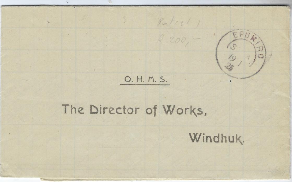 South West Africa 1925 (19.1.) ‘Rain Measurement Table’ for November 1924 stampless folded entire with printed address and O.H.M.S. from Epukiro to Windhuk, reverse with Gobabis transit (21 Jan) and arrival cds of 25th.