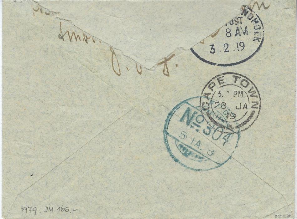 South West Africa 1919 stampless censored cover to Windhuk bearing two different censor cachets on front, reverse with bluish F.P.O. No.304 date stamp, Cape town transit of 28th and part Bahnpost datestamp at top where part of backflap missing.