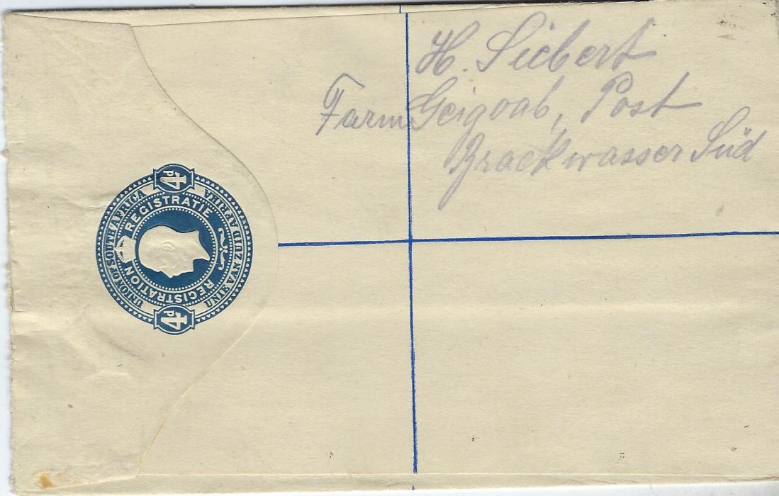 South West Africa 1920 (5.1.) South African 4d. stationery envelope used locally to Luderitzbucht franked 1d. tied Brackwasser cds, an amended German Colonial cancel; fine condition.