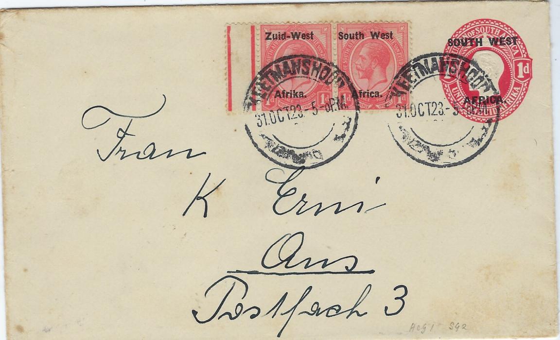 South West Africa 1923 1d. stationery envelope with capitol letters, 17.5mm high surcharge on 146 x 91mm envelope additioannly franked 1d. pair (SG 2) tied Keetmanshoop date stamps, Aus arrival backstamp.
