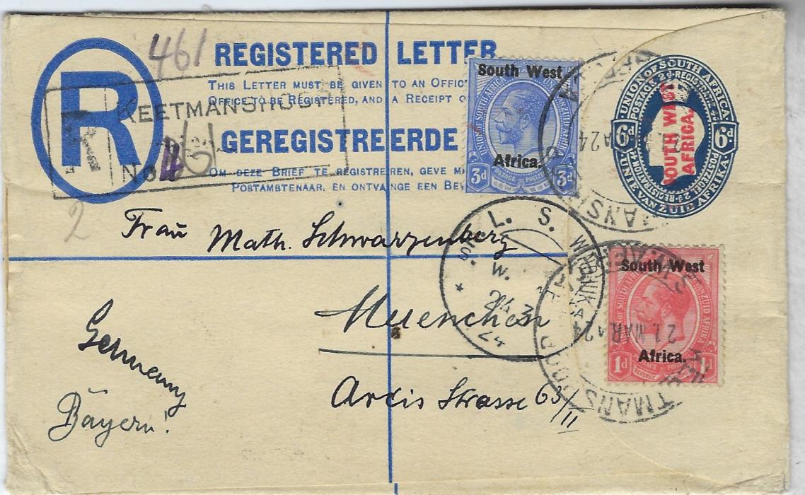 South West Africa 1924 postal stationery 6d registration envelope, size F to Munich uprated 1d. and 3d. tied Keetsmanhoop cds with registration handstamp at left, R.L. S. Windhuik cds front and back, Coln transits and arrical backstamps.