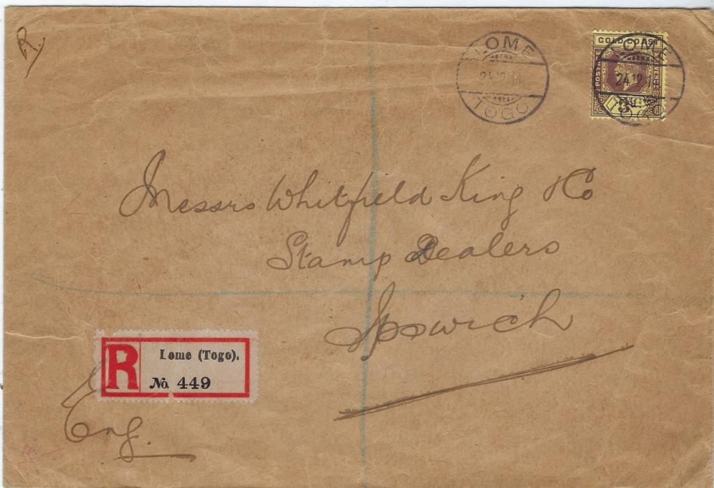 Togo 1914 (24.12.) registered cover to Ipswich franked Gold coast 3d. tied Lome Togo cds, reverse with Registered London and Ipswich date stamps; stamp affected by corner creasing . Also with two pieces ½d. and 2½d. tied Lome cds of 14.1 and 29.3.
