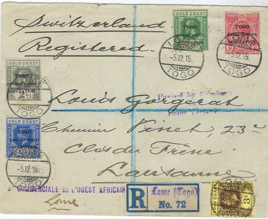 Togo 1915 (5.12.) registered cover to Lausanne, Switzerland franked 1915 (May) ½d., 1d., 2d., 2½d. and 3d. tied Lome cds, three-line violet censorship, reverse with London transit and arrival cds; good condition.