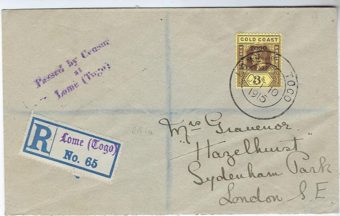 Togo 1915 (Oct 10) registered cover to London bearing single franking 1915 3d. overprint tied by larger Lome date stamp, three-line violet censorship at left, arrival backstamps; light corner crease.